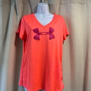 Under Armour HeatGear Semi Fitted V Neck Shirt Women's‎ Large L Pink Orange